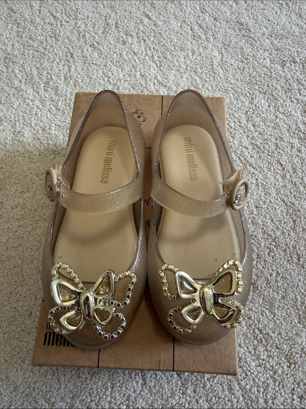Mini Melissa Girls' Gold Glitter Mary Janes with Gold Butterfly Accent